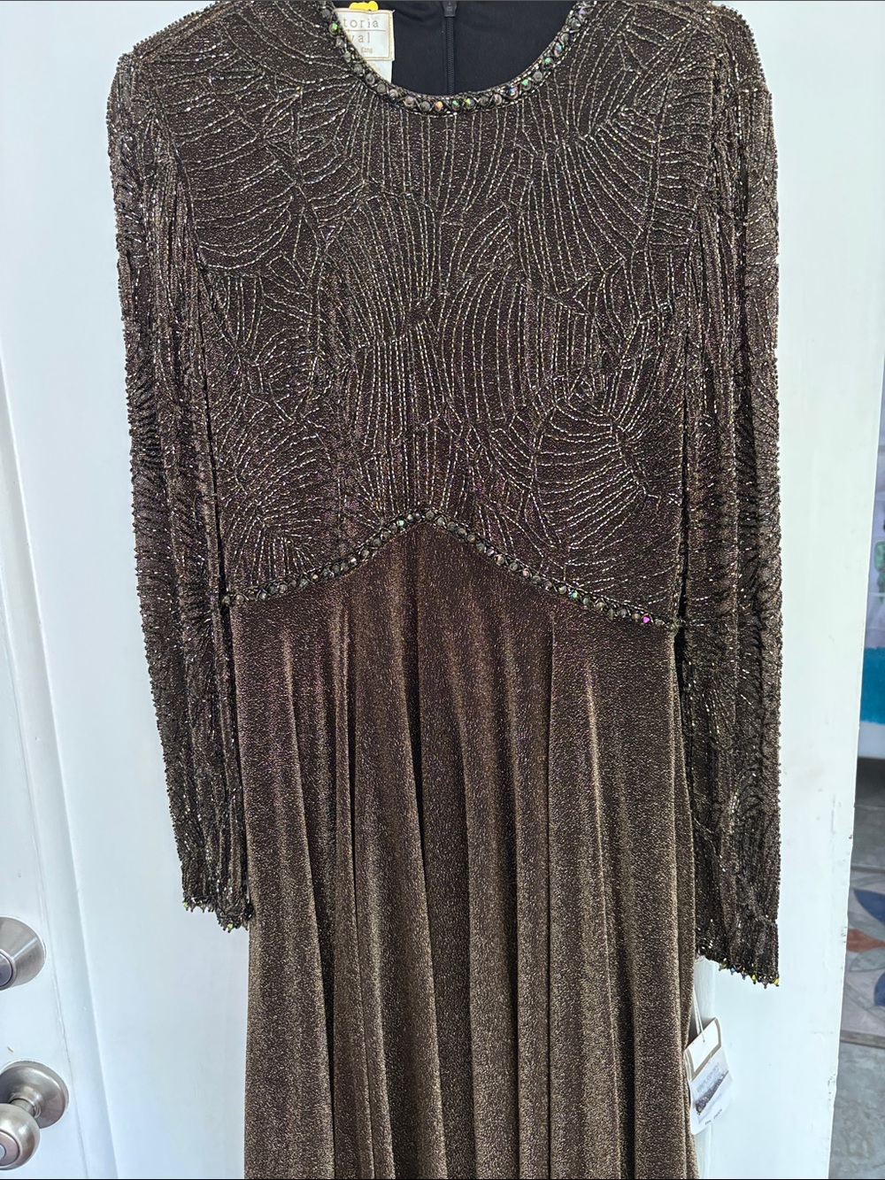 Victoria Royal Ltd Beaded Long-Sleeve Brown Evening Gown